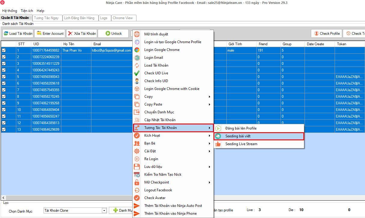 Tính năng seeding facebook trên phần mềm ninja care