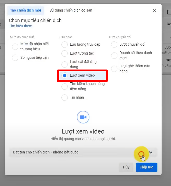 chọn mục tiêu quảng cáo "Lượt xem video"